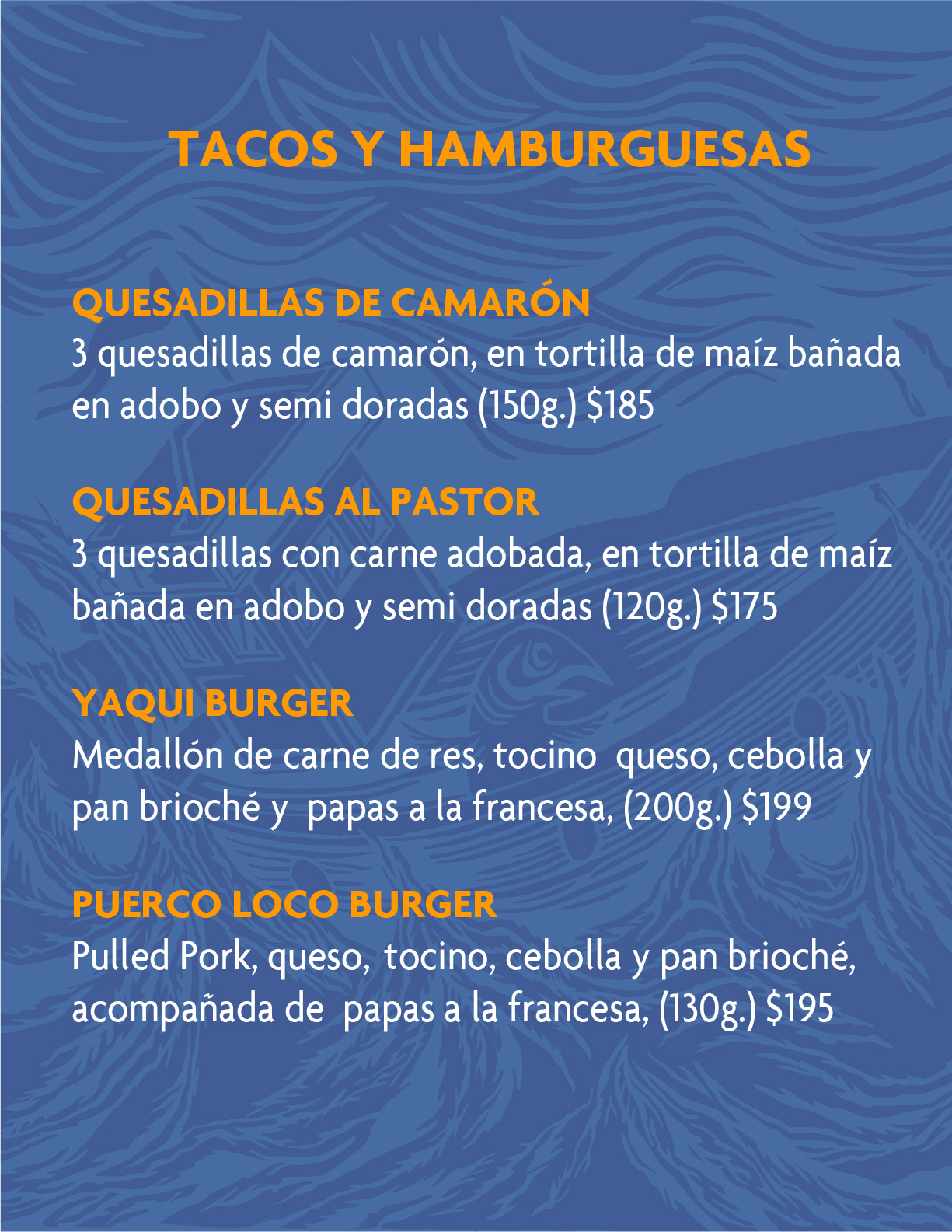 Marejada menu tacos y hamburguesas